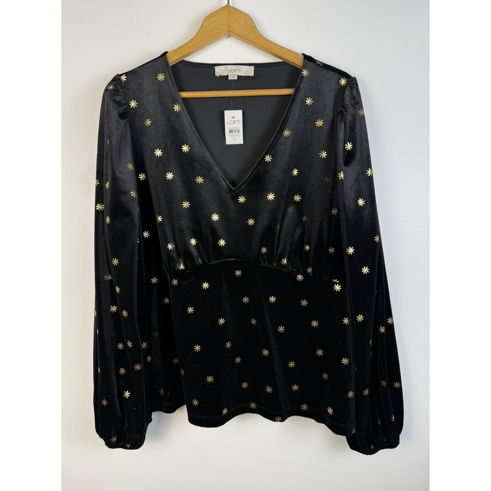 LOFT Women's Black Gold Velvet Celestial Star V-Neck Balloon Sleeve Top Size XL